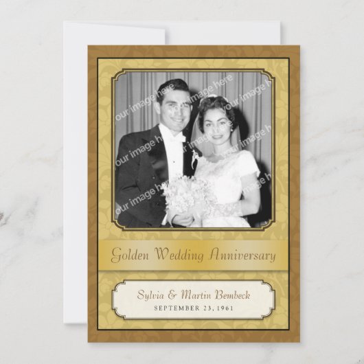 Bladerig gouden damast (50e) verjaardagsuitnodigin kaart (Voorkant)