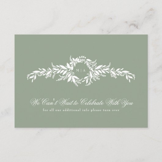 Bladerige krans Details Elegante Sage Green bruilo Informatiekaartje (Voorkant)