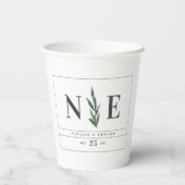 Bladerige waterverf bloemenmonogram bruiloft papieren bekers (Achterkant)