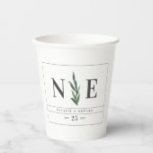 Bladerige waterverf bloemenmonogram bruiloft papieren bekers (Voorkant)