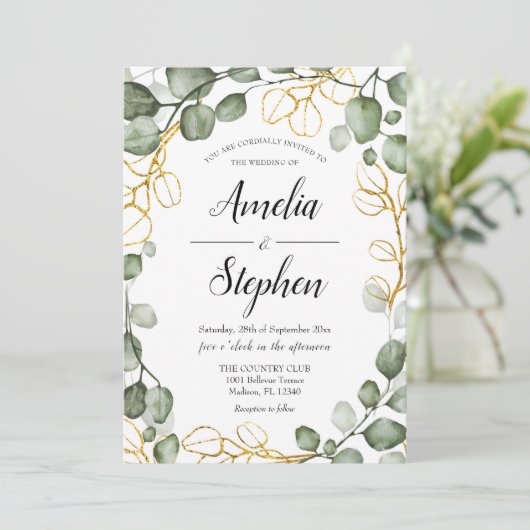 Bladerkrans Eucalyptus bruiloft Kaart (Staand voorkant)