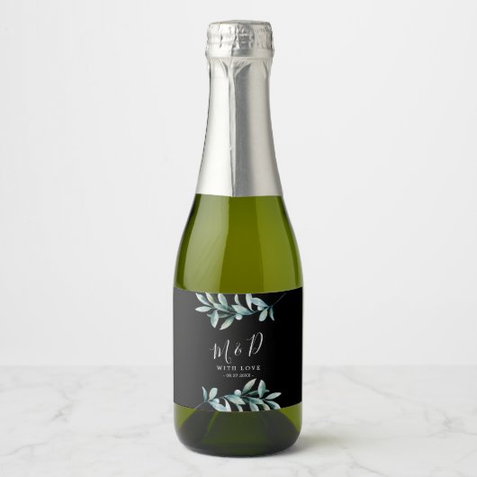 Bladgroen Botanisch Zwart Bruiloft Mousserende Wij Sparkling Wijnetiket (Voorkant)