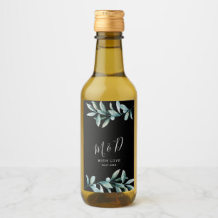 Bladgroen Botanisch Zwart Mini Wijn Bruiloft Label Etiket