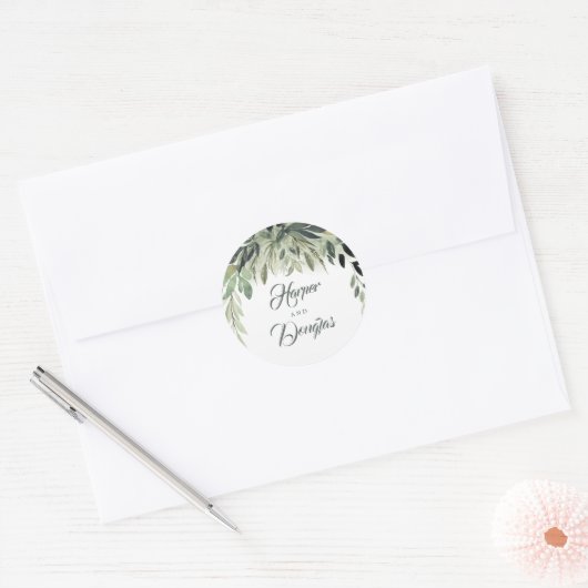 Bladgroen Elegant Bruiloft Ronde Sticker (Envelop)