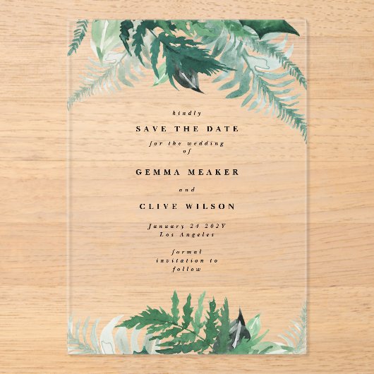 Bladgroen Elegant Lentegroen Save the Date Acryl Uitnodigingen (Voorkant)