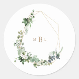 Bladgroen & Goud Monogram Wit Elegant Bruiloft Ronde Sticker