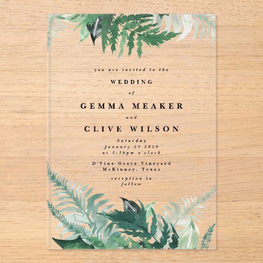 Bladgroen Moderne Waterverf bruiloft Acryl Uitnodigingen (Voorkant)