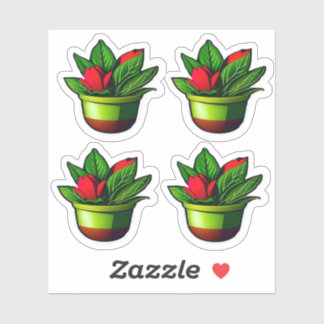 Bladgroen Plant met rode bloemen Potted Design Sticker