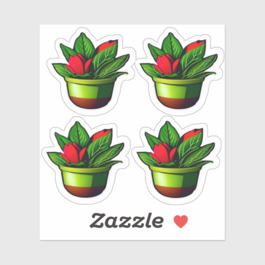 Bladgroen Plant met rode bloemen Potted Design Sticker (Vel)