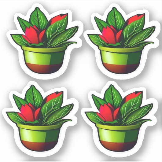 Bladgroen Plant met rode bloemen Potted Design Sticker (Voorkant)