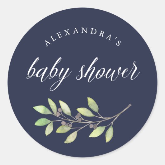 bladgroen | Waterverf Baby shower Donkerblauw Ronde Sticker (Voorkant)