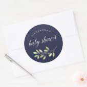 bladgroen | Waterverf Baby shower Donkerblauw Ronde Sticker (Envelop)