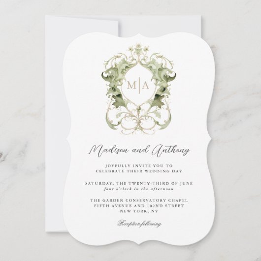 Bladgroene botanische trouwkam met monogram kaart (Voorkant)
