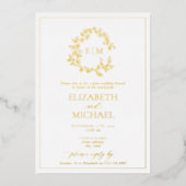 Bladgroene Crest Monogram Post Trouw Brunch Folie Uitnodiging (Voorkant)