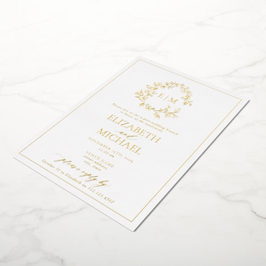 Bladgroene Crest Monogram Post Trouw Brunch Folie Uitnodiging (Gedraaid)