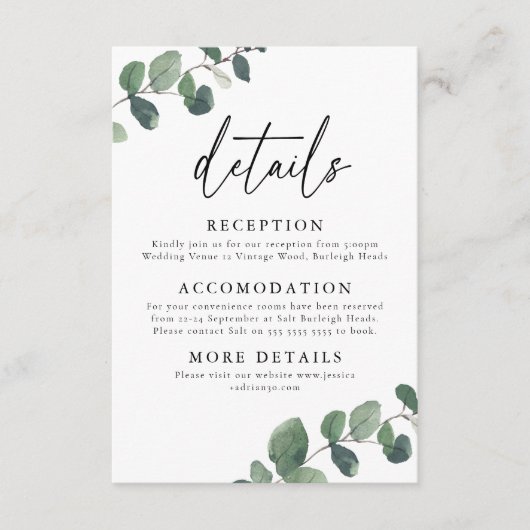 Bladgroene elegantie bruiloft details informatiekaartje (Voorkant)