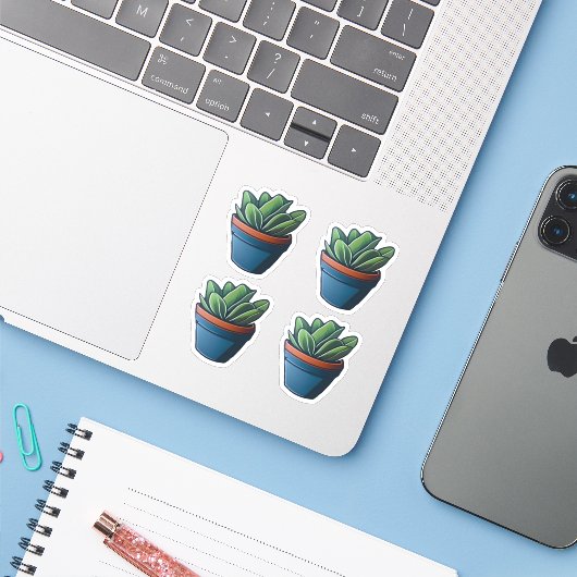 Bladgroene kamerplant in Blue Pot Design Sticker (Laptop met iPhone)