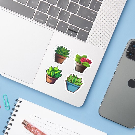 Bladgroene kamerplant pack set sticker (Laptop met iPhone)