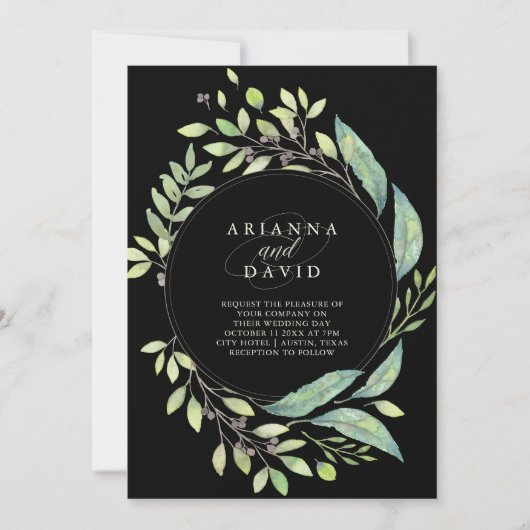 Bladgroene Waterverf Lijst bruiloft | Black Kaart (Voorkant)