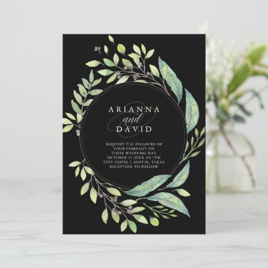 Bladgroene Waterverf Lijst bruiloft | Black Kaart (Staand voorkant)