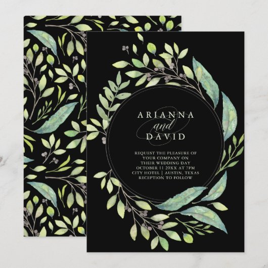 Bladgroene Waterverf Lijst bruiloft | Black Kaart (Voorkant / Achterkant)