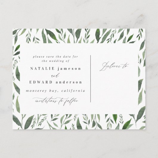 bladig waterverf bloemig save the date aankondigingskaart (Achterkant)