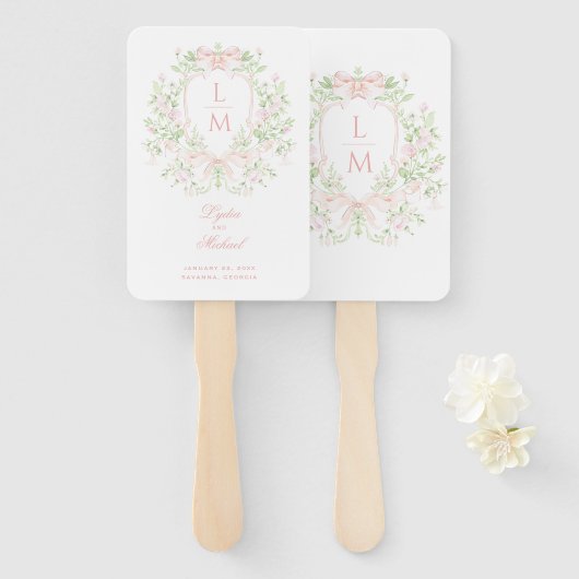 Bladkam Monogram Bruiloft Handwaaier (Voorkant en achterkant)