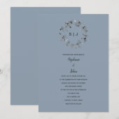 Bladkam Monogram Stoffig Blauw Grijs Bruiloft Kaart (Voorkant / Achterkant)