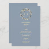 Bladkam Monogram Stoffig Blauw Ivoor Bruiloft Kaart (Voorkant / Achterkant)
