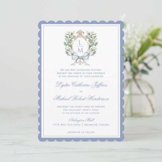 Bladkam monogram | Uitnodiging voor geschulpte bru (Staand voorkant)