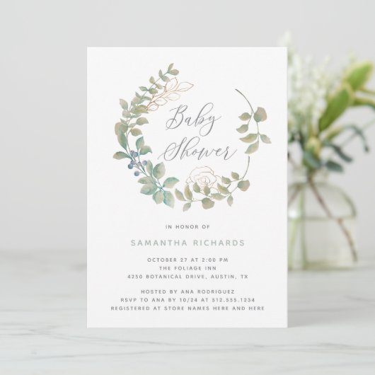 Bladkrans | Botanisch Baby shower met goud Kaart (Staand voorkant)