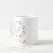 Bladkrans met monogram en naam koffiemok (Voorkant links)