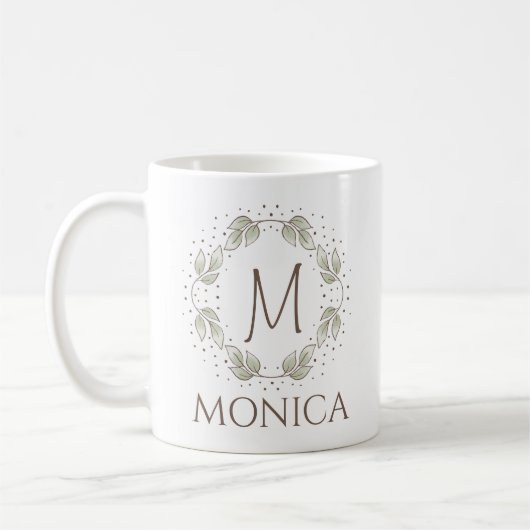 Bladkrans met monogram en naam koffiemok (Links)