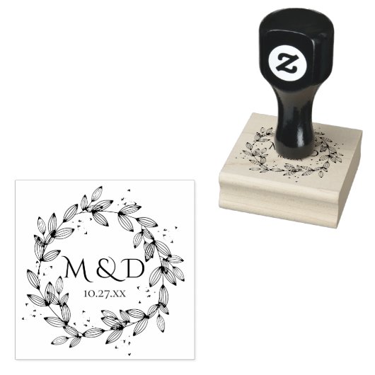 Bladkrans Monogram Bruiloft Rubberstempel (Gestempeld)