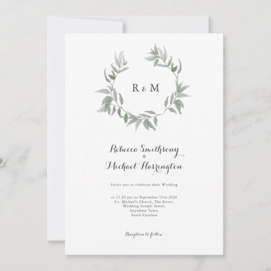 Bladkrans Monogram bruiloft uitnodiging (Voorkant)