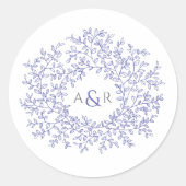 Bladkrans monogram paarse blauwe bruiloft ronde sticker (Voorkant)