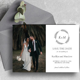 Bladkrans Monogram Zwart-wit Save The Date Magnetische Uitnodiging