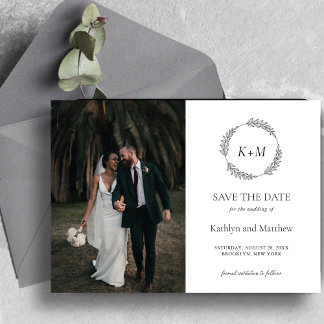 Bladkrans Monogram Zwart-wit Save The Date Magnetische Uitnodiging