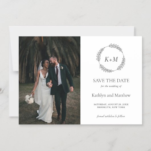 Bladkrans Monogram Zwart-wit Save The Date Magnetische Uitnodiging (Voorkant)