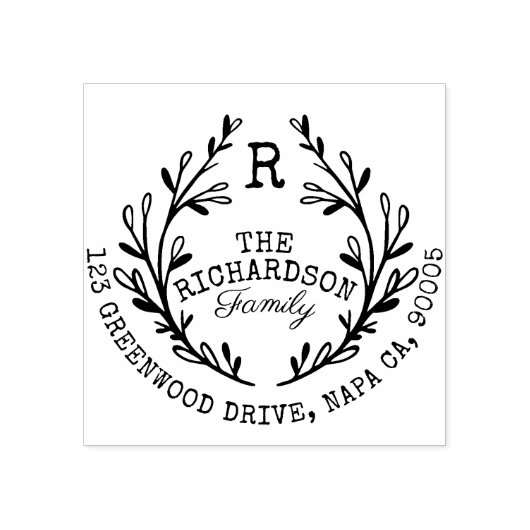 Bladlaurier tak krans monogram familie adres rubberstempel (Afrduk)