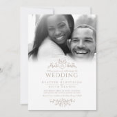 Bladlijn art hart monogram bruin bruiloft foto kaart (Voorkant)