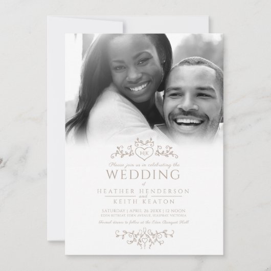 Bladlijn art hart monogram bruin bruiloft foto kaart (Voorkant)