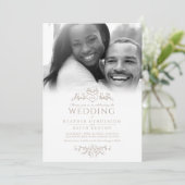 Bladlijn art hart monogram bruin bruiloft foto kaart (Staand voorkant)