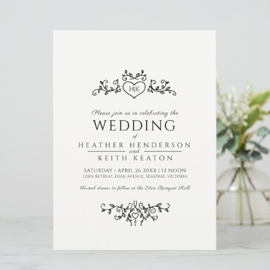 Bladlijn art hart monogram mono bruiloft kaart (Staand voorkant)