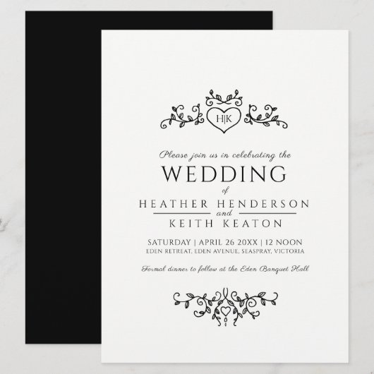 Bladlijn art hart monogram mono bruiloft kaart (Voorkant / Achterkant)