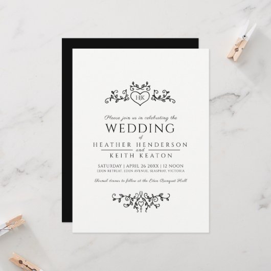 Bladlijn art hart monogram mono bruiloft kaart (Voorkant / Achterkant in situ)