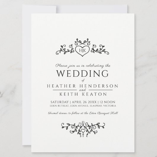 Bladlijn art hart monogram mono bruiloft kaart (Voorkant)