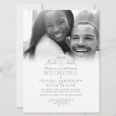 Bladlijn kunst hart monogram tan bruiloft foto inv kaart (Voorkant)