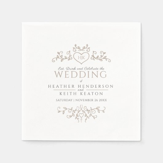 Bladlijn kunst hart monogram tan bruiloft servette servet (Voorkant)