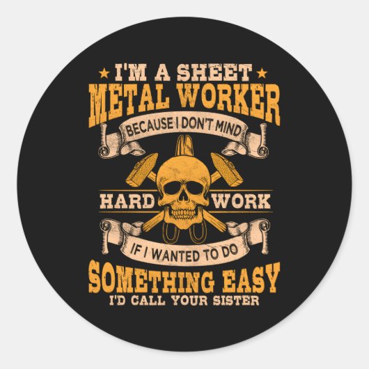 Bladmetaalarbeider op rug van ronde sticker (Voorkant)